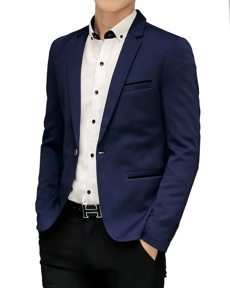 DAVID.ANN Men's Slim Fit Suits Casual One Button Flap Pockets Solid Blazer Jacket,Dark Blue,Large - Image 2
